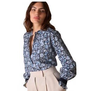 St Roche Sanborn Blue Floral Paisley, Ruffle Cuff Button Up Cotton Blouse Medium